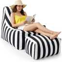Briwooody Boat Bean Bag Chair Lounger with Ottoman Set, Waterproof Outdoor Marine Beanbag Chair for Adults Comfy Lazy Sofa Lounge Seating for Home Balcony Camping (Black, White Stripes)