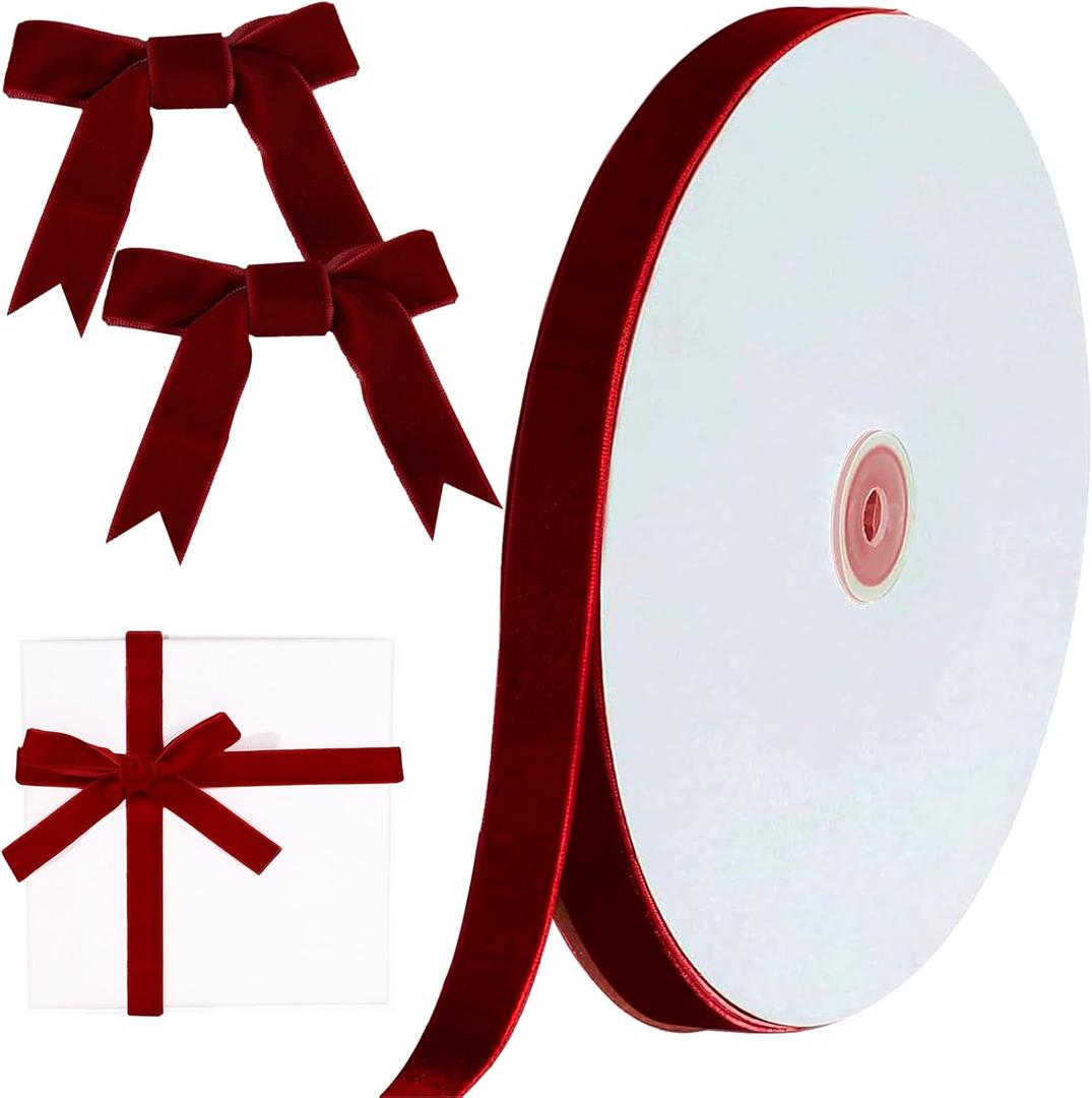 Christmas Dark Burgundy Velvet Ribbon, 5/8 Inch x 10 Yard Vintage Single Face Spool Satin Velvet Ribbon for Christmas Wreath Decoration DIY Bow Craft Gift Wrapping Wedding Ornaments Party Home Decor