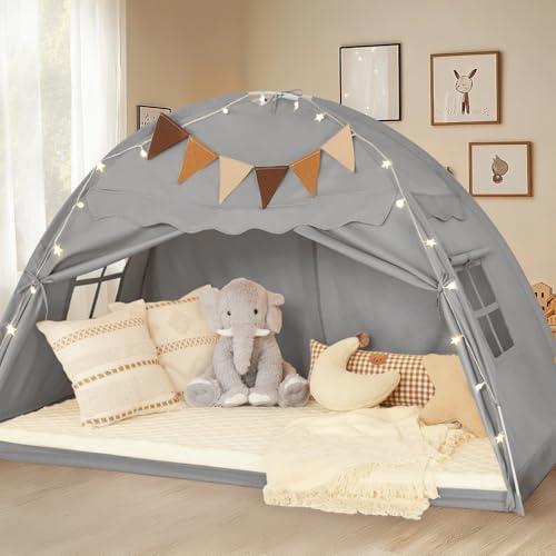 Twin Size Bed Tent Canopy, Kids Play Tent with Flags & Star Lights, Canopy on Bed Privacy Space Sleeping Blackout Tents, Indoor Breathable Portable & Foldable, Girls & Boys Gifts, Cream Castle Style (Twin Size (78.7 x 38.5 x 49.6 in))