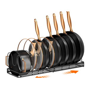 MUDEELA Pots and Pans Organizer : Rack for under Cabinet, Expandable Pot Lid Kitchen Cabinet Organizer Holder with 10 Adjustable Compartment, for Cutting Board, Cast-iron Pan, Heavy Cookware