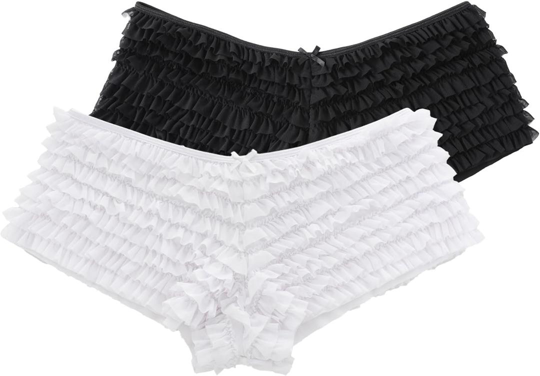 SHARICCA Womens Sexy Mesh Ruffle Panties Booty Boy Shorts Underwear (Medium-Large, Black and White)
