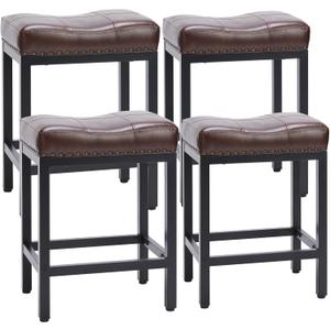 Sweetcrispy Bar Stools Set of 4, 24 Inch Counter Height Stools, PU Leather Upholstered Bar Chairs with Footrest, Modern Bar Stools for Kitchen Island, Dining, Living Room, Brown