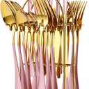 24 Pieces Silverware Set, Caliamary Stainless Steel Flatware Set with Silverware Holder Spoons Forks Knives,Utensils Set Service for 6,Gold Mirror Polished and Matte Pink Painted (Pink)