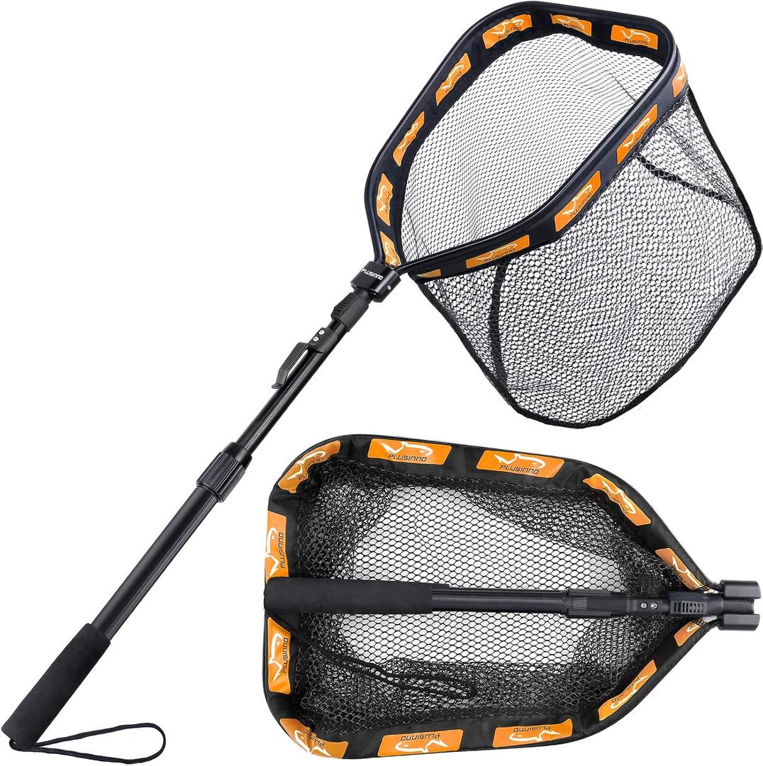 PLUSINNO Floating Fishing Net for Steelhead, Salmon, Fly, Kayak, Catfish, Bass, Trout Fishing, Rubber Coated Foldable Landing Net with Fixed or Telescoping Pole Handle, Fishing Gear and Gifts for Men, Large