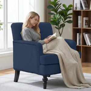 Tufted Club Chair Pack of 1, Accent Chair Upholstered Button Armchair with Lumbar Pillow, Linen Fabric Sofa Chairs for Bedroom Living Room, Mid Century Modern Reading Chair with Studded, Blue