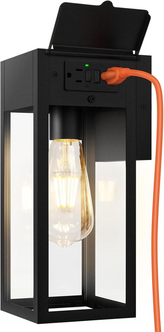 OYKYOHEI Porch Lights Outdoor Wall Sconce, Outdoor Light with GFCI Outlet, Waterproof Exterior Wall Lantern Light Fixtures, Anti-Rust Wall Lamp with Clear Glass for Patio Doorway Garage- Black, 1 Pack (No Sensor, Standard)