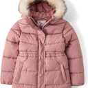 The Children's Place Girls' Water and Wind Resistant Hooded Zip Front Mid Length Puffer Jacket, Faux Fur Lined (Large)