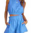 FANCYINN Women Summer 2 Piece Short Sets Sleeveless Round Neck Crop Top Tank Elastic Waistband Casual Shorts Solid Outfits With Pocket Sky Blue, S