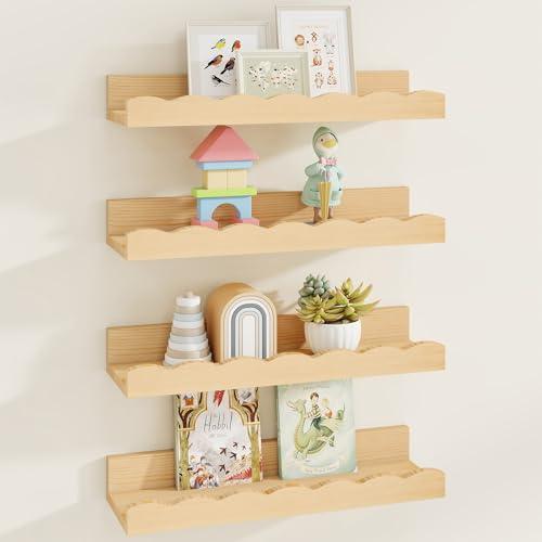 Fun Memories Picture Ledge Shelf for Wall, 16 inch Pine Wood Nursery Book Shelves Set of 4- Wall Book Shelves for Kids Room, Home Decor - Kitchen Spice-Natural