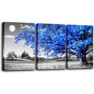 Wall Art For Living Room black and white Blue tree moon Canvas Wall Decor for Home artwork huge Painting 16" x 24" 3 Pieces Canvas Print For bedroom Decor Modern Salon kitchen office Hang a picture