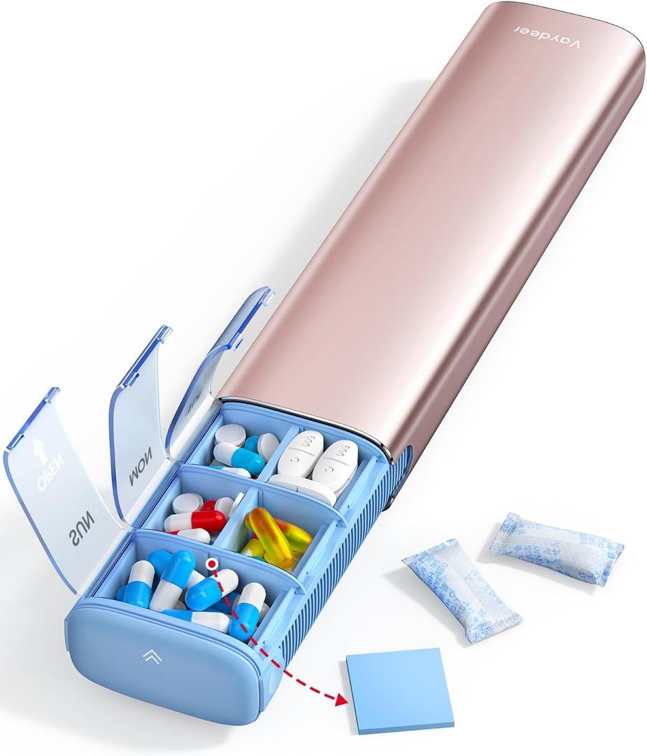 VAYDEER Metal Weekly Pill Organizer  Moisture-Proof Travel Pill Organizer with Built-in Desiccant Chamber and Airtight Lids  Large-Capacity Pill Box for Vitamins, Medicines & Supplements (Rose Gold)