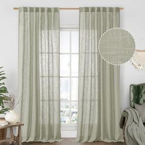 LAMIT Sheer Linen Curtains for Living Room, Back Tab and Rod Pocket Curtains Light Filtering Country Rustic Farmhouse Drapes for Bedroom/Farmhouse, 2 Panels, 52 x 102 Inch, Sage Grey