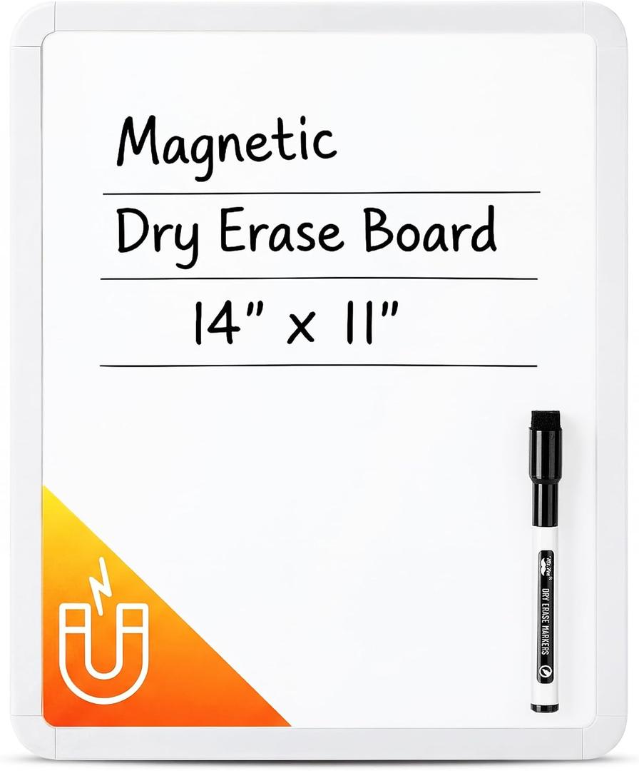 Mr. Pen- Dry Erase Board, 14” x 11” with a Black Dry Erase Marker, White Frame, Small Mini White Board for Students, Fridge, Wall, Locker, Includes Double Sided Tapes