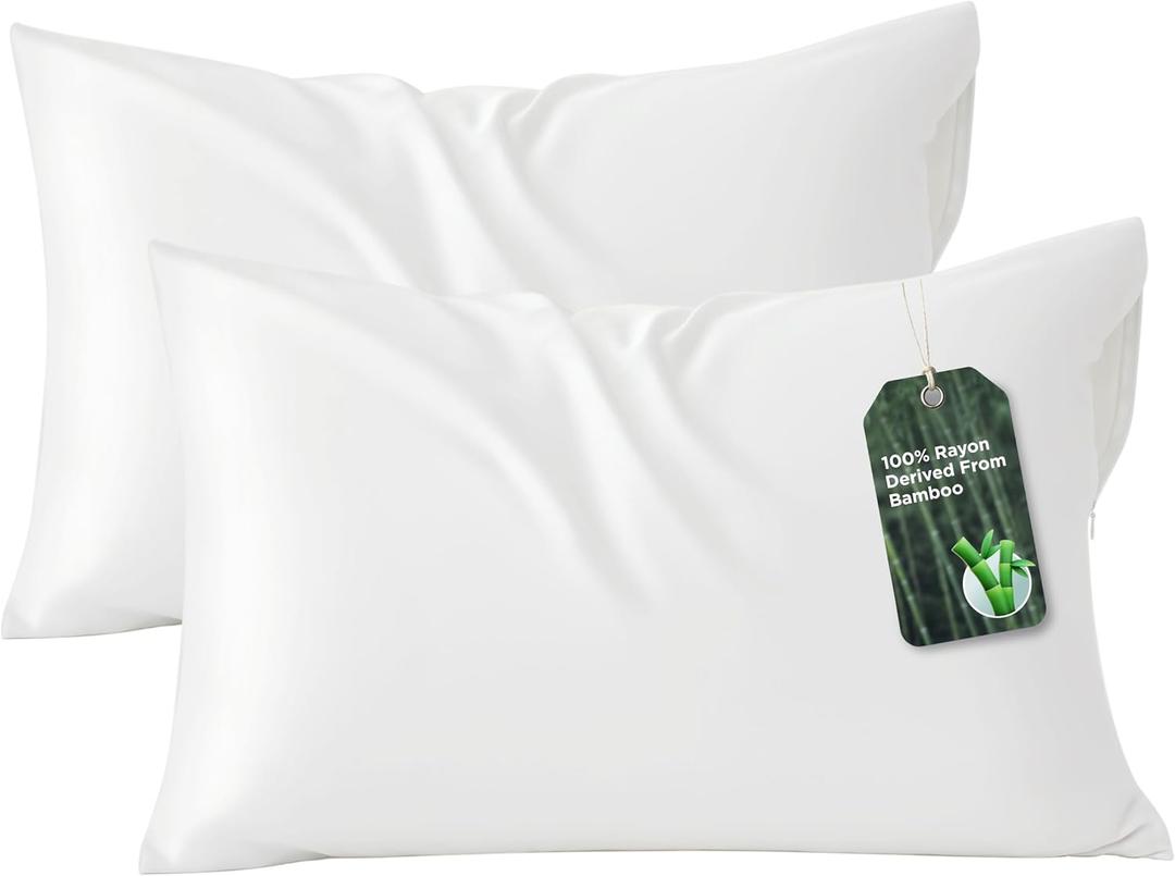 Bedsure Zipper Pillow Cases Queen, Cooling Pillow Cases Queen Size Set of 2, Rayon Derived from Bamboo Cooling Pillowcases for Hot Sleepers, Soft & Breathable Bed Pillow Covers, White, 20x30 Inches