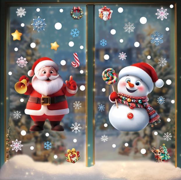 2 x Christmas Decor, Christmas Window Clings, Snowflake Window Stickers Decals with Santa Claus Snowman Reindeer, PVC Xmas Decorations Clings for Holiday Party Decorations Accessories (b)