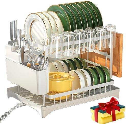 QECOUI 2-Tier Dish Drying Rack with Drainboard, Sink & Countertop Metal Dish Rack Organizer, Dish Drainers for Kitchen Counter, White Dish Racks