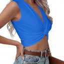 Vrtige Women's V Neck Twist Front Sleeveless Ribbed Knit Sexy Tank Crop Top Plain Royal Blue Small