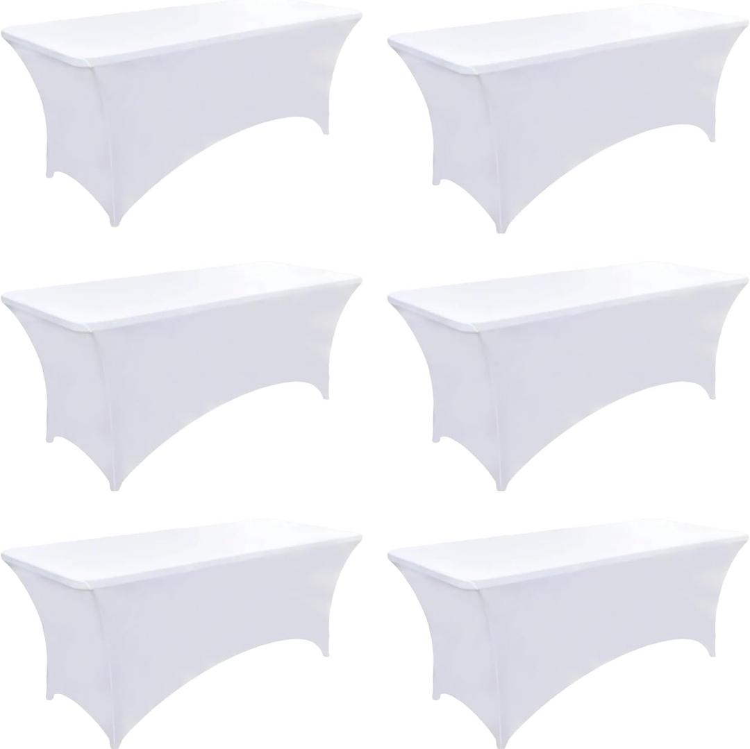 6-Pack 6ft White Spandex Table Covers for Rectangle Standard Folding Tables - Wrinkle Resistant Stretch Tablecloths - Ultimate Fitted Table Protector for Parties, Trade Shows, Wedding