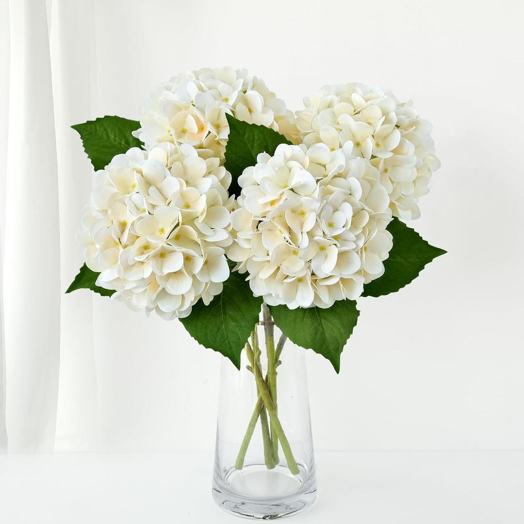 ZYTUYO 4PCS 19.6Inch Cream White Faux Hydrangea Artificial Flowers Silk Latex Realistic Full Large Hydrangeas Spring Long Stem Leaves Bouquet Plants for Tall Vase Table Garden Arrangements