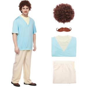 Wrestler Costume for Men, Halloween Leisure Costume Blue T-shirt Pants Wig Beard (Medium)