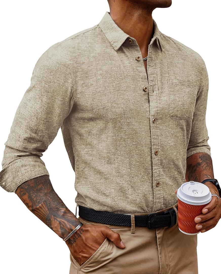 PJ PAUL JONES Men's Linen Shirts Casual Button Down Long Sleeve Shirt Lightweight Beach Shirt with Pocket (Medium, Khaki)