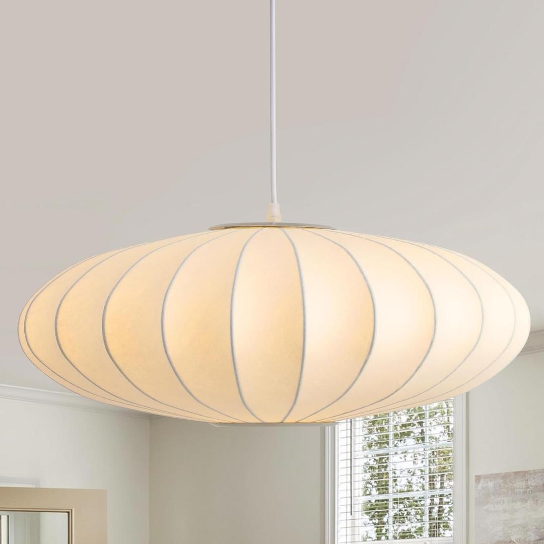 Large 23.6 inch Lantern Pendant Light, White Imitation Silk Lampshade, Bubble Pendant Light, Hanging Lamp Simple Chandelier for Living Dinning Room Kitchen Island Bedroom Restaurant Cafe