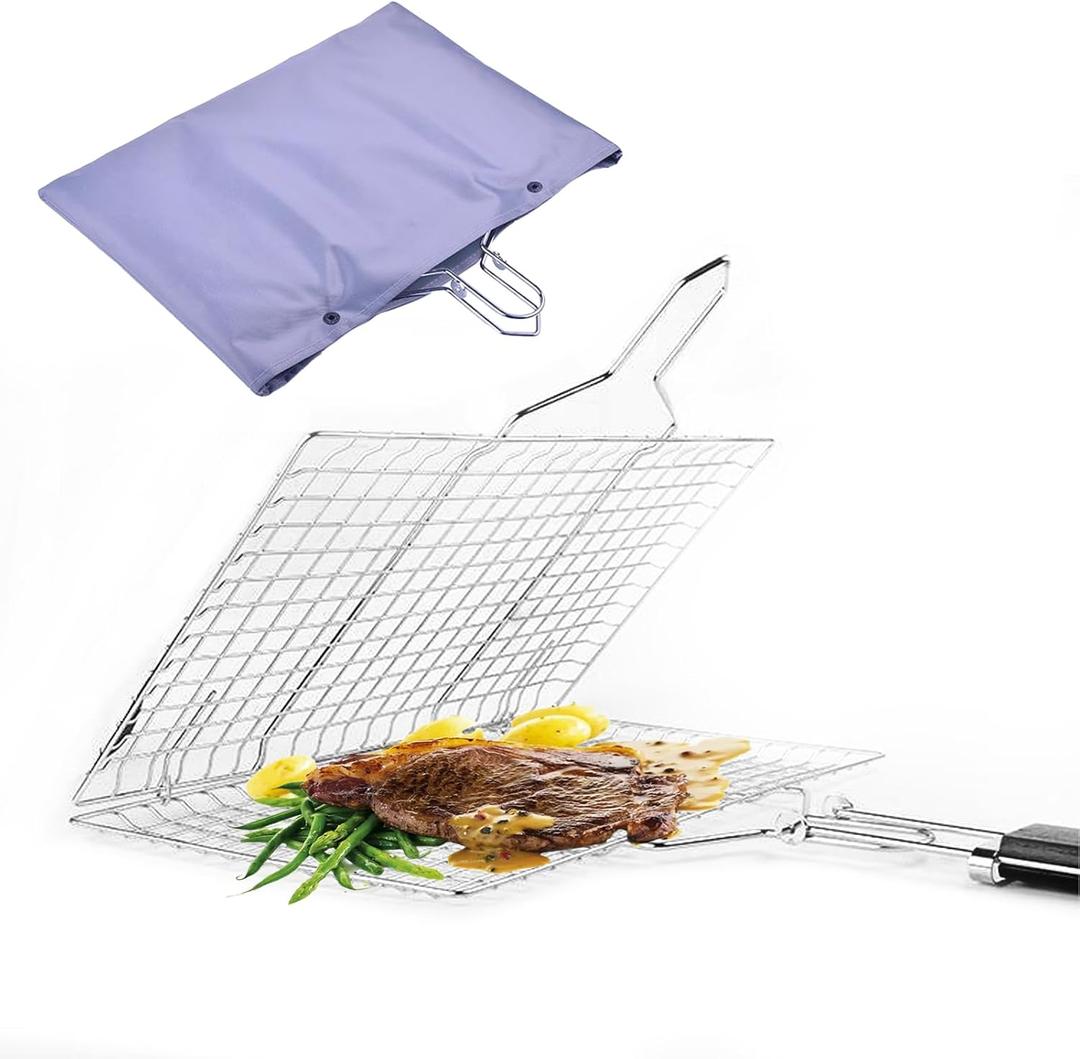 Grill Baskets Fish Grilling Basket for Outdoor Grilling Barbecue Stainless Steel Folding Grill Accessories with Removable Handle, Grill Basket for Bar, Camping, Picnics & Parties. Amazing Grill
