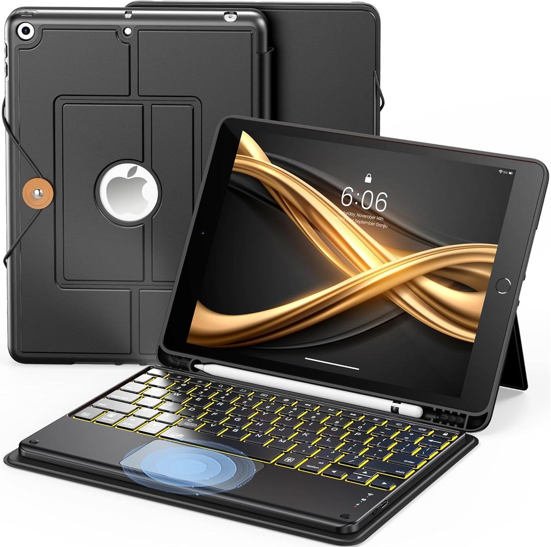 INFILAND Keyboard Case for iPad 9th/8th/7th Generation (10.2 Inch), 7-Color Backlight & High Precision Trackpad, Slim and Portable Detachable Folder Style Keyboard Case with Pencil Holder,Black