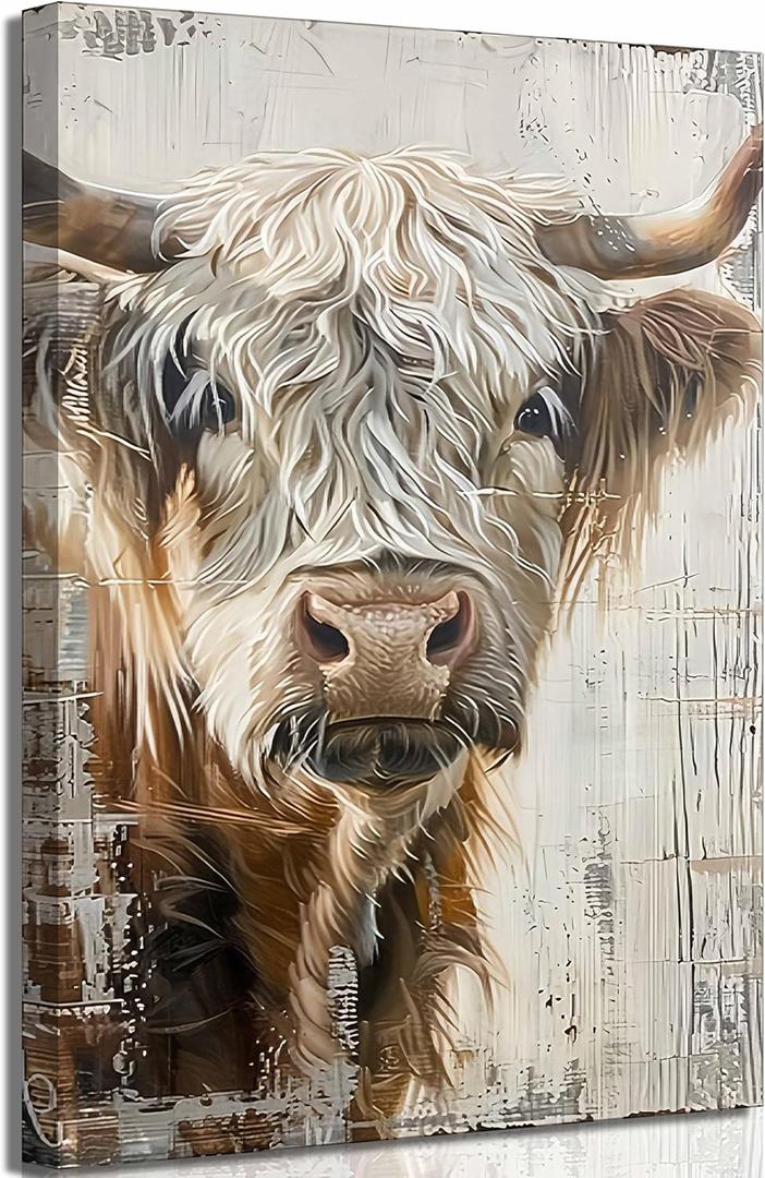 Vintage Highland Cattle Canvas Wall Art Countryside Scottish Cow Painting Picture Wall Decor Farmhouse Poster Print Artwork for Living Room Bedroom Bathroom Home Decoration (36"L x 24"W)