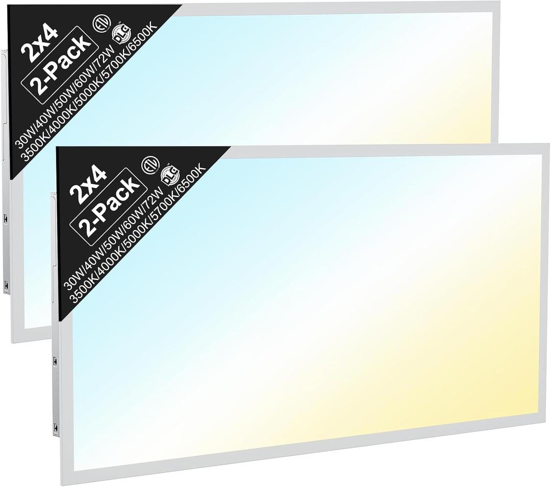 2x4 LED Flat Panel Light, Drop Ceiling Office Fixture, 2-Pack, 5W & 5CCT Selectable (30W–72W, 3500K–6500K), 0-10V Dimmable, Back-Lit, Flicker-Free, DLC & ETL Listed