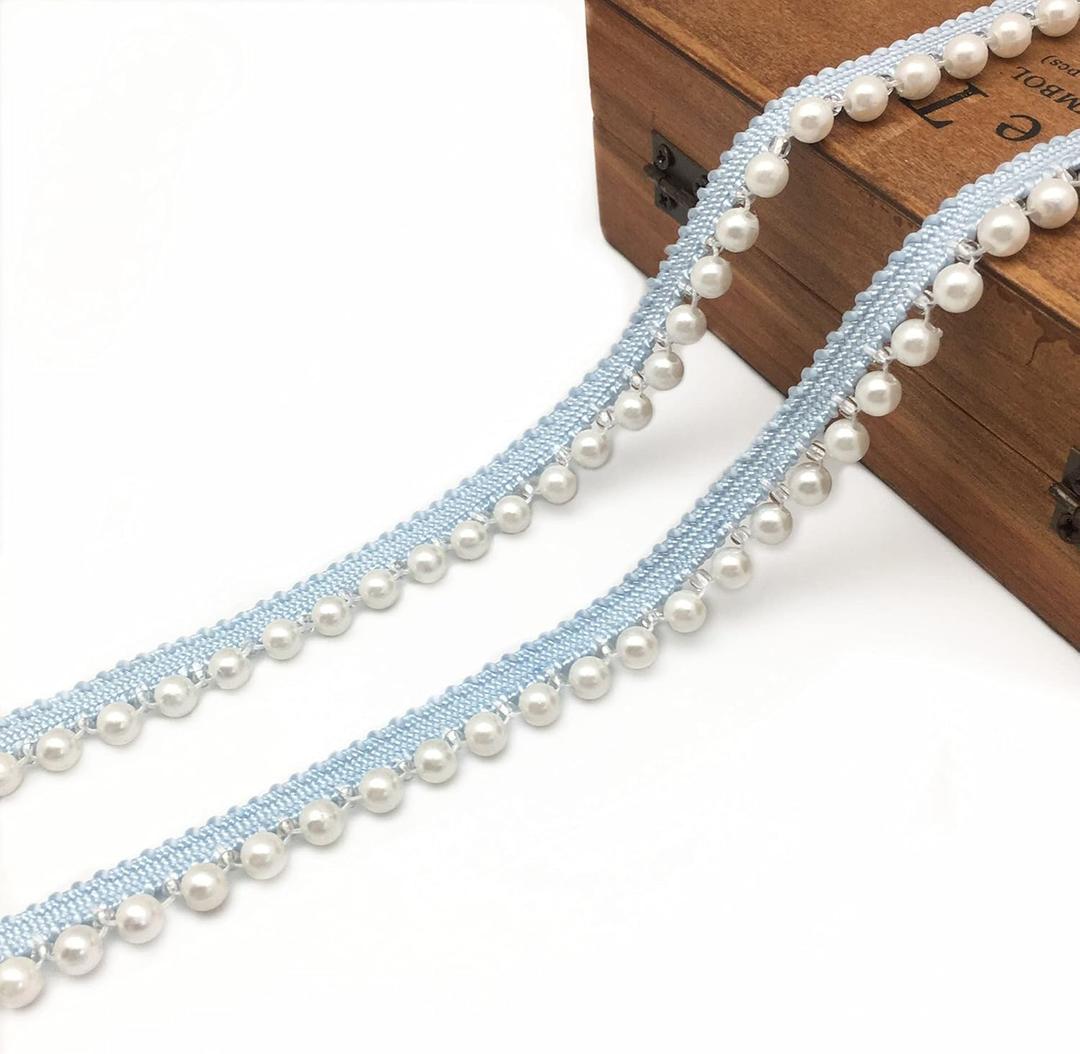 FQTANJU 2 Yards Faux Pearls Lace Ribbon Pearl Fringe Applique, DIY Craft Ribbon Pearl lace Trim for Wedding Party Decoration,Blue