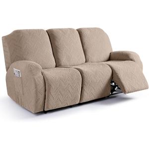 Ruaozz Recliner Sofa Covers Recliner Chair Covers Couch Covers for Reclining Couches with Pockets Washable Furniture Protector with Elastic Bottom (3 Seater, Khaki)