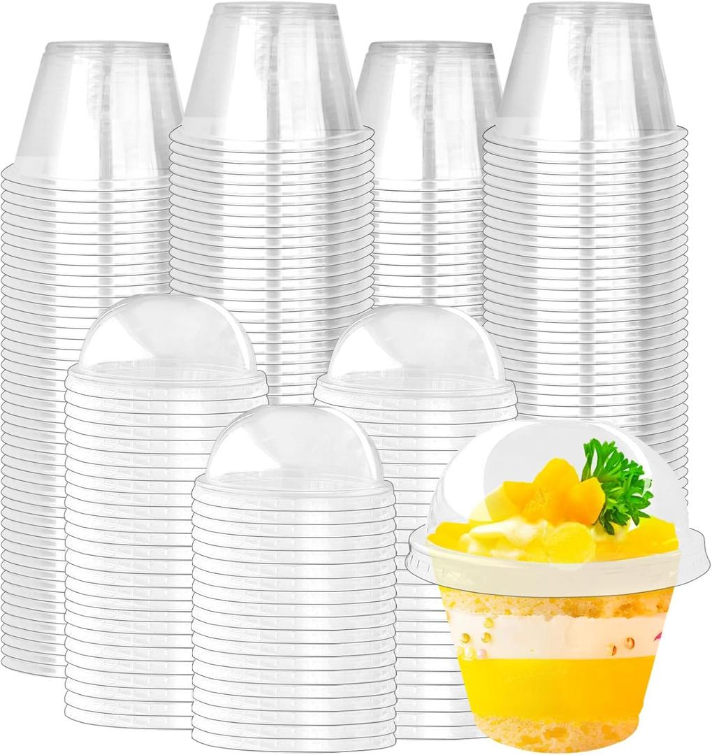 Szsrcywd 100 Pack 6oz Clear Dessert Cups with Dome Lids,Disposable Plastic Parfait Yogurt Cup (NO HOLE) Party Fruit Containers for Ice Cream,Pudding,Salad,Cold Drink,Cake,Jello