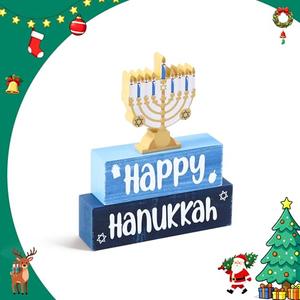 3 Pcs Hanukkah Wooden Tiered Tray Decor, Menorah Decorations Gifts for Home, Jewish New Year Table Centerpiece for Xmas Party Kitchen Office, Dark Blue