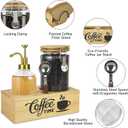 Coffee Storage Container Set with Wooden Base, 40oz Airtight Glass Coffee Bean Jar, 16.9oz Syrup Dispenser, Spoon & Card Holder, Coffee Bar Accessories for Kitchen Counter Organizer