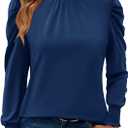 LUYAA Puff Long Sleeve Shirts for Women Tops Dressy Casual Frill Mock Neck Smocked Cuffs Blouses (XX-Large, Blue)