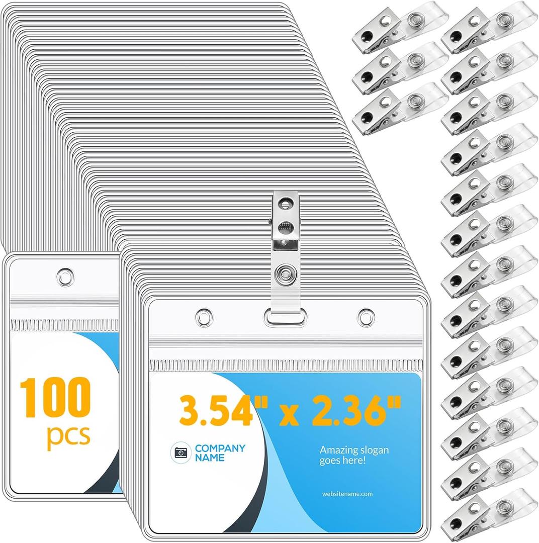 Zonon 100 Sets Name Tags with Clips Name Badge Holders Clip on Waterproof PVC ID Holder Transparent Tag Holder with Resealable Zipper Seal and Metal Badge for Teacher Worker
