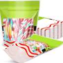 Teenyyou 50 Pcs Christmas Elf Cookie Gift Bags Red and White Stripe Candy Goodies Snack Stand up Pouch Treat Bags with Window for Packaging Xmas Party Favor Supplies, 8 x 6.5 x 2.5 Inch