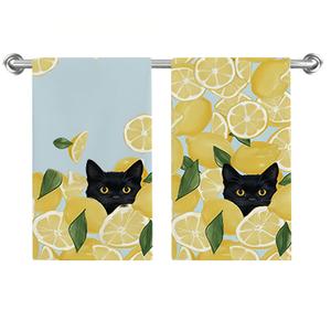 Yellow Lemon Kitchen Towels Dish Towels Set of 2,Black Cat Summer Seasonal Holiday Hand Towels 18x26 Inch Drying Dishcloth,Summer Dish Towels for Kitchen Bathroom Home Decorations