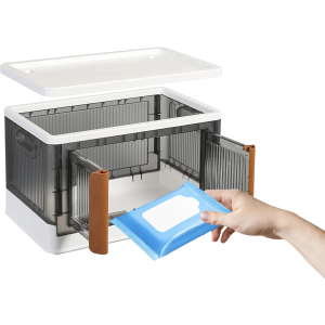 Stackable Folding Bins - Collapsible Storage Bins With Doors - Front Opening - 25.19 x 15.74 x 14.56