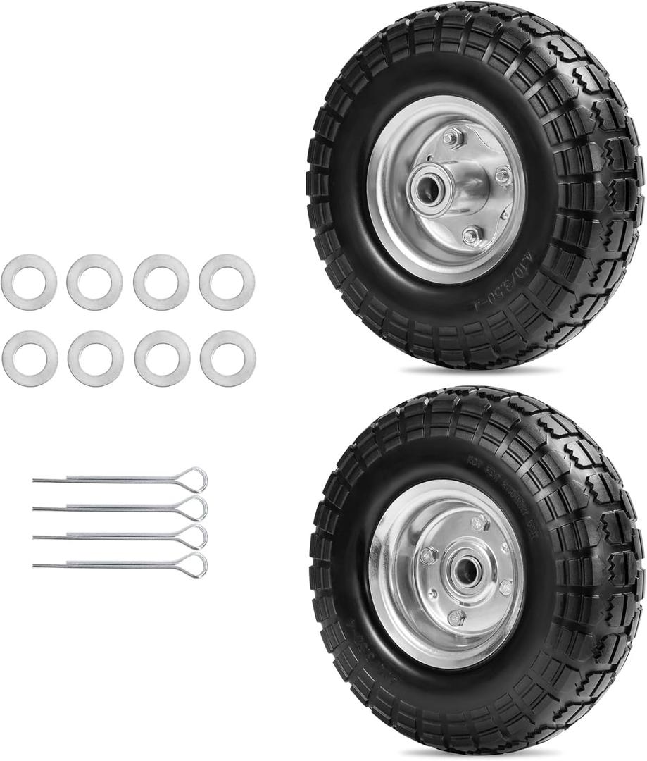 Parts Camp 4.10/3.50-4 tire replacement gorilla cart tires 10" Flat-Free Solid Tires and Wheels hand truck tires dolly tires wagon wheels With 5/8" Bearings 2.15" Offset Hub 2Pack