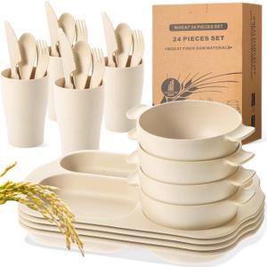 Honoson 24 Pcs Wheat Straw Dinnerware Cutlery Set Including Divided Plates Microwave Dishwasher Safe Bowl Unbreakable Tableware Straw Cutlery Spoon Knife Fork Cup(Beige)