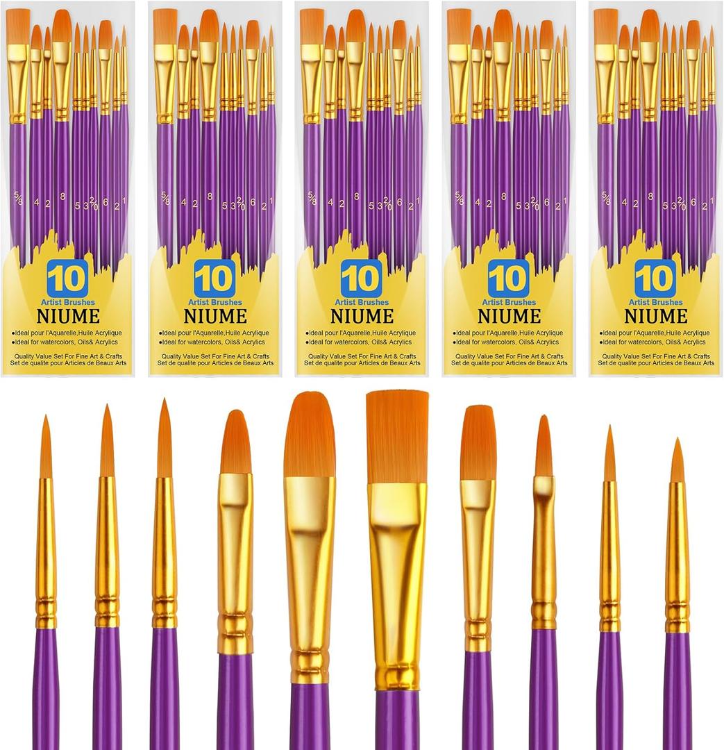 Acrylic Paint Brushes Set, 50Pcs Round Pointed Tip Artist Paintbrushes for Acrylic Painting Oil Watercolor Canvas Boards Rock Body Face Nail Art, Halloween Pumpkin Ceramic Crafts SuppliesPurple