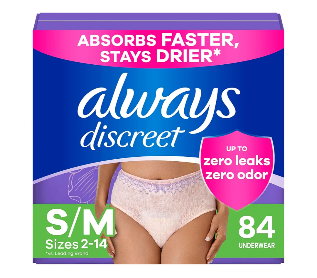 Always Discreet Adult Incontinence Underwear for Women and Postpartum Underwear, S/M, Up to 100%* Bladder Leak Protection, 84 CT,
