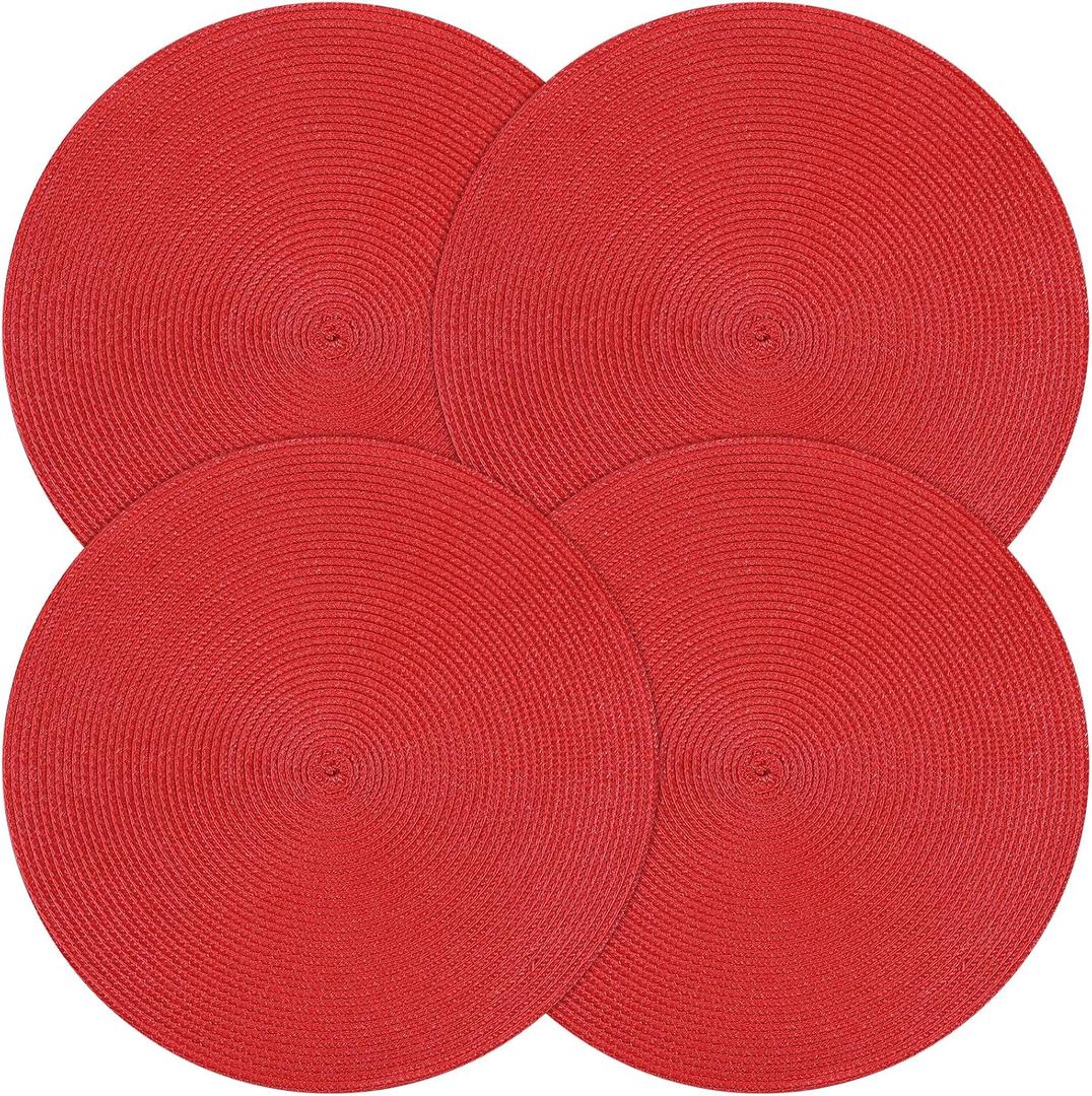 Round Christmas Placemats Set of 4 Table Mats for Dining Kitchen Tables Decorations Natural Woven Heat Resistant Place Mats 15 Inch Trivets for Hot Pots and Pans (Red)