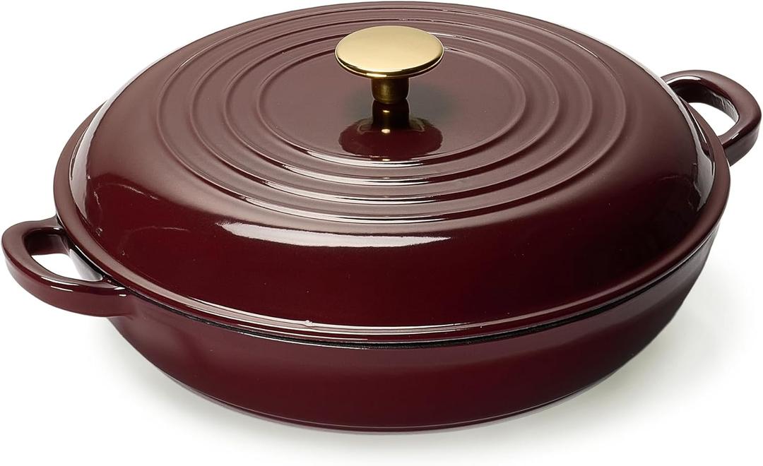 CAROTE 3.5QT Enameled Cast Iron Braiser Pan, Shallow Dutch Oven Casserole Skillets, Non-Toxic Cast Iron Pot with Lid for Grilling, Searing, Baking, Dual Handles, All Stovetop Compatible, Fig