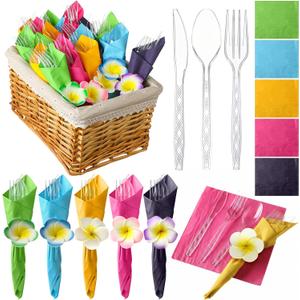 Gueevin 250 Pcs/50 Set Hawaiian Hibiscus Napkin Cutlery Set Hawaiian Luau Party Supply Disposable Cutlery with Knives Fork Spoon Tropical Summer Napkin Hibiscus Party Table Decor, Serve 50 Guest