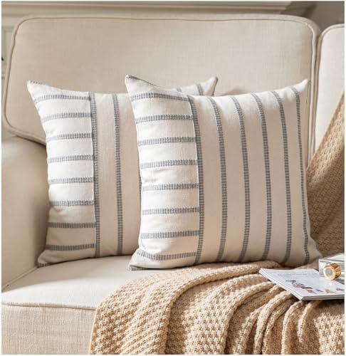Boho Throw Pillow Covers 18x18 inches Farmhouse Decorative Couch Pillow Cases Grey Striped Pillow Covers Neutral Cushion Covers for Sofa Bed Living Room Home Decor