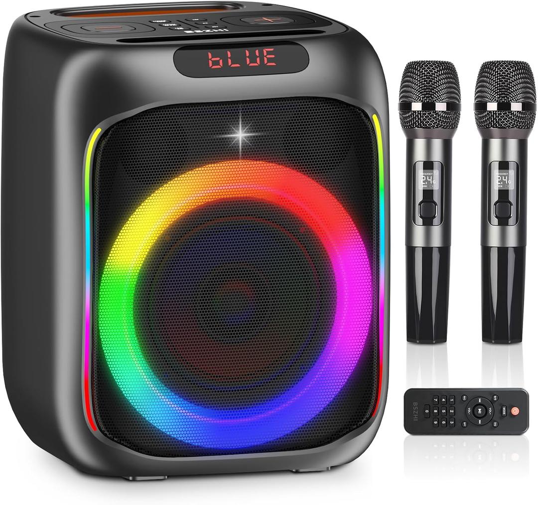 Karaoke Machine with 2 Wireless Microphones, 80W Portable Bluetooth Speaker, Party Speaker with LED Colorful Lights TWS Pairing, Karaoke Speaker Supports for Mic Input,USB,AUX,TF Card