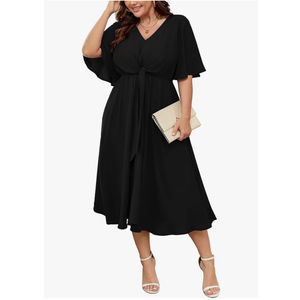 SCOMCHIC Women Plus Size Midi Dresses Wedding Guest Short Sleeve V Neck Tie Waist Casual Summer Flowy A Line Dress (2XL, Black)